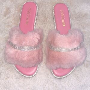 Pink Faux Fur Rhinestone Sandals